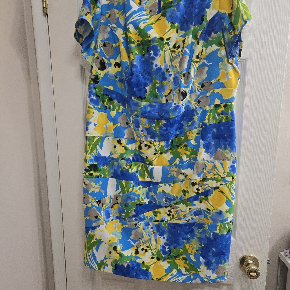 Alyx Womens Size 18W Floral Print Dress in Blue, Yellow, and Green